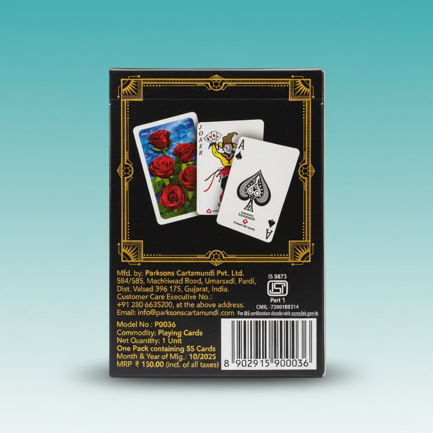 Black Box Plastic Playing Cards by Gift Hub Mart in a black box with gold border
