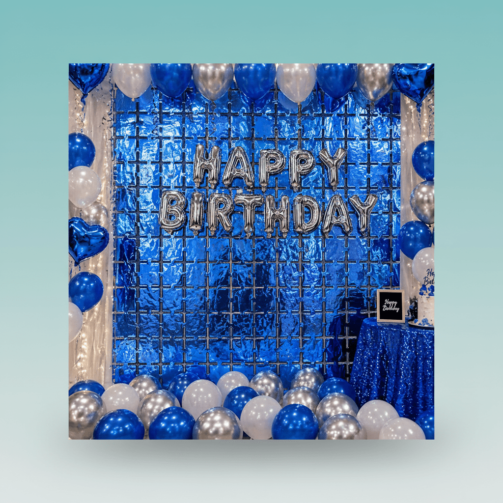 Gift Hub Mart Blue Square Foil Curtain backdrop for birthday celebrations