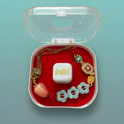 Gifthubmart Bracelet Rakhi 100B: gold-tone chain with green-blue gemstone accents in red jewelry box