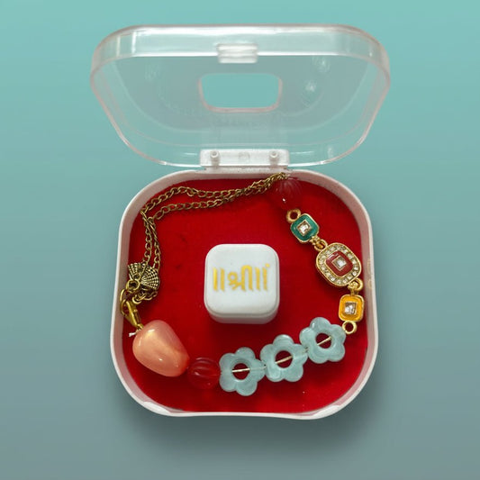 Gifthubmart Bracelet Rakhi 100B: gold-tone chain with green-blue gemstone accents in red jewelry box