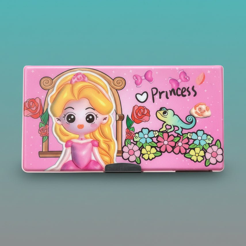 Broad Magnetic Pencil Box - Maze Game & Princess by Gift Hub Mart, pink with princess illustration.