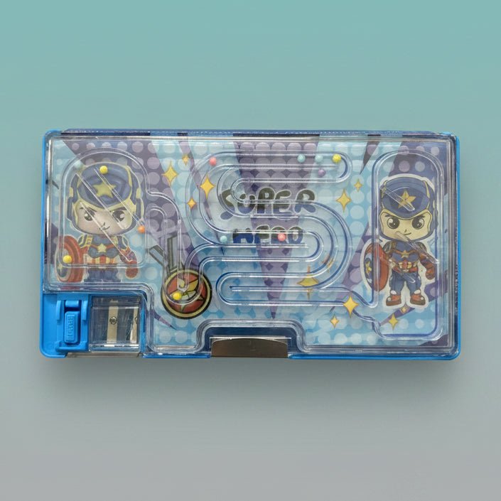Broad Magnetic Pencil Box - Maze Game & Super Hero, Gift Hub Mart, blue translucent case.