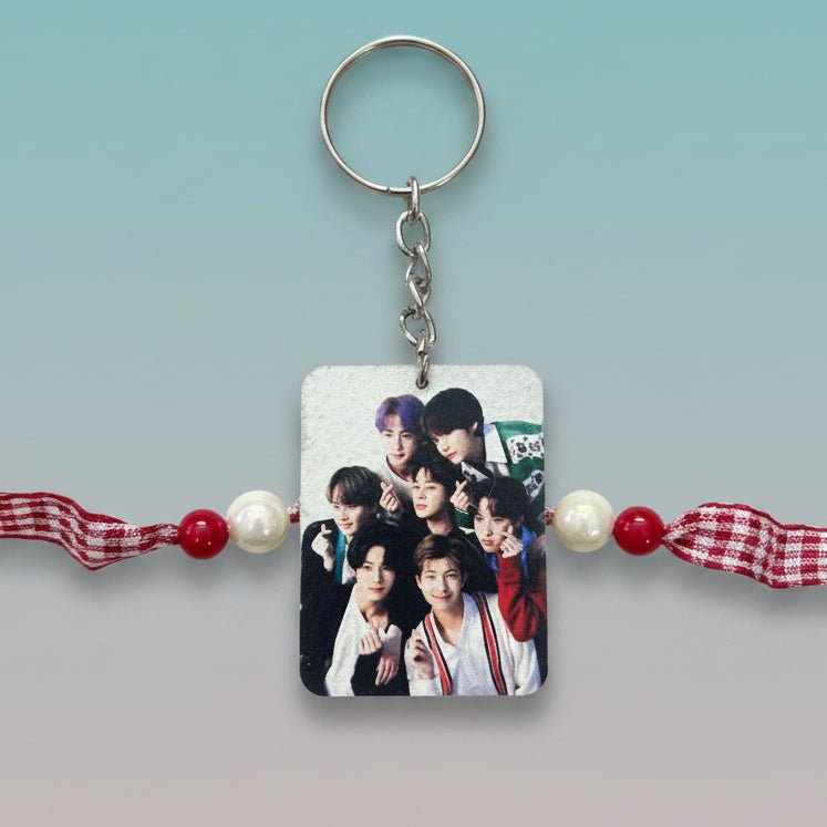 BTS Rakhi With Keychain by Gifthubmart – red bead accents and BTS photo charm for Puja