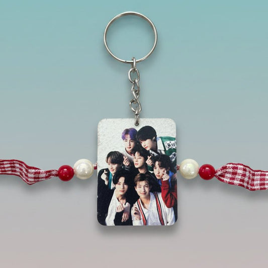 BTS Rakhi With Keychain by Gifthubmart – red bead accents and BTS photo charm for Puja
