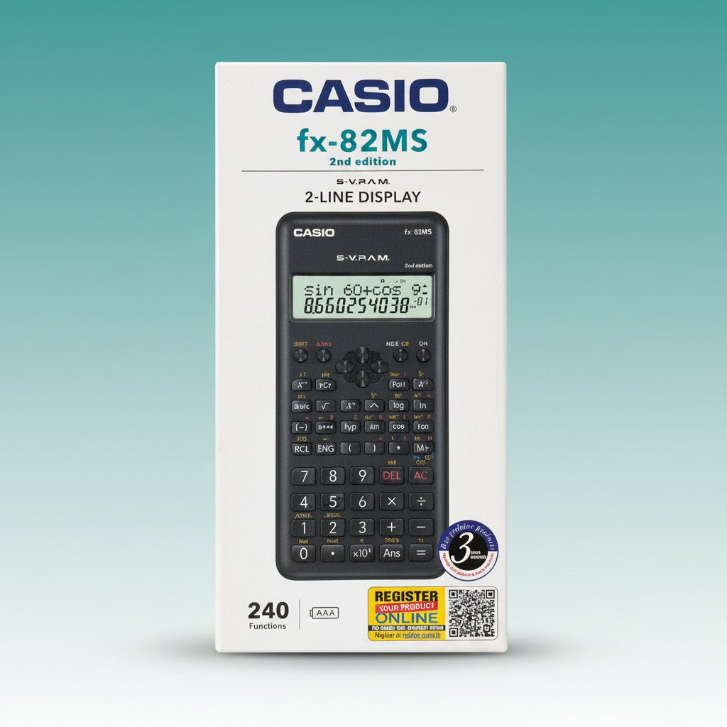 Gift Hub Mart Casio FX-82MS scientific calculator, black handheld with 2-line display on the box