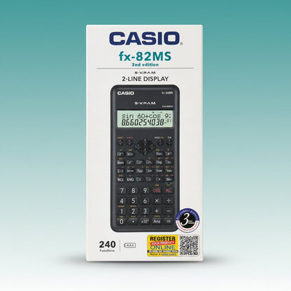 Gift Hub Mart Casio FX-82MS scientific calculator, black handheld with 2-line display on the box