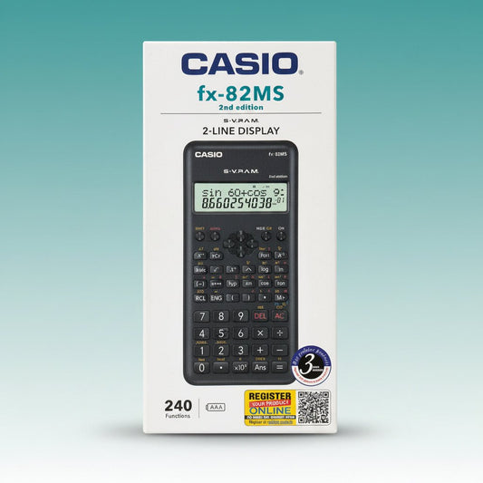 Gift Hub Mart Casio FX-82MS scientific calculator, black handheld with 2-line display on the box