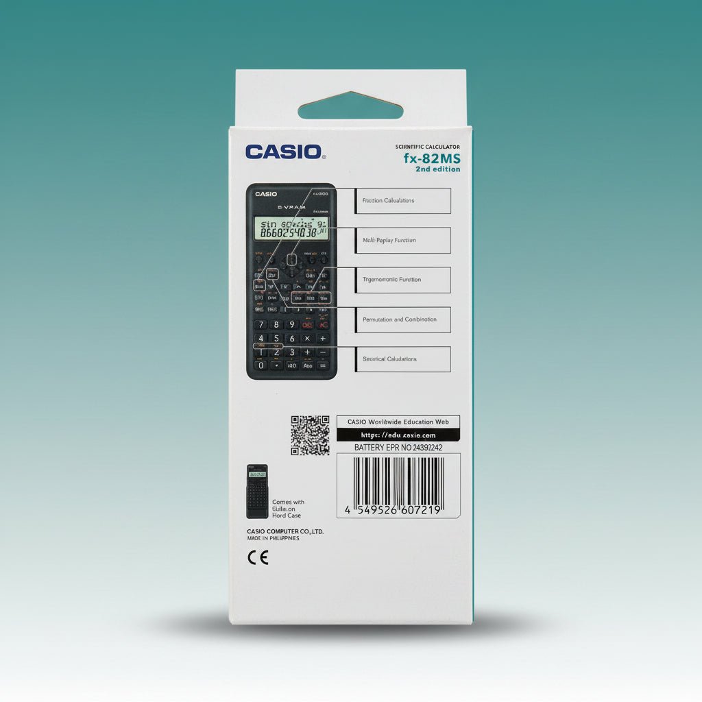 Casio FX-82MS scientific calculator box; black calculator on packaging, Gift Hub Mart brand, Uncategorized.