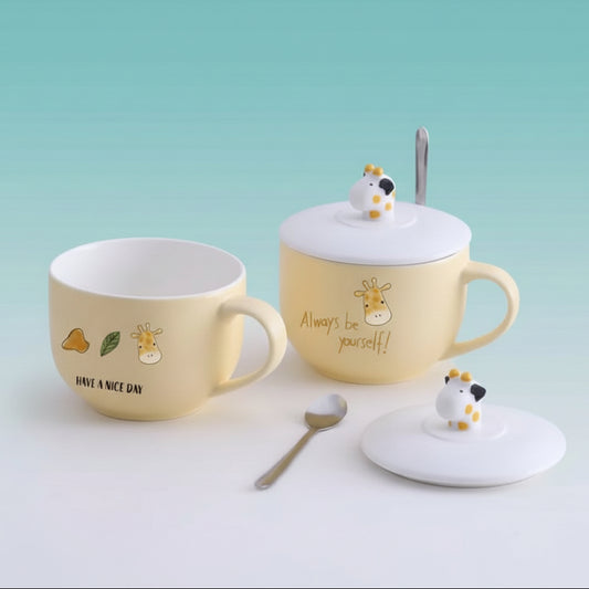 Cute Giraffe Ceramic Cup with 3D Character Lid and Spoon by Gifthubmart