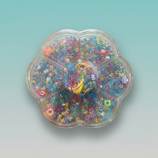 DIY Bracelet VD1 bead kit by Gift Hub Mart in a flower-shaped clear case filled with colorful seed beads