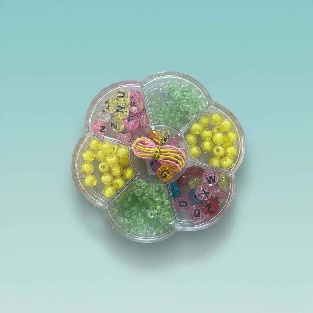 DIY Bracelet VD1 kit by Gift Hub Mart in circular bead organizer with yellow, green, pink beads and cords.
