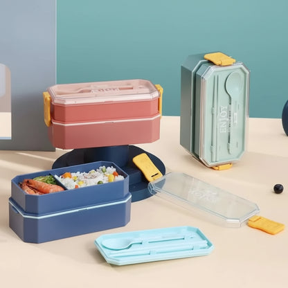 Double Decker Monochrome 2 Layer Lunch Box With Cutlery BPA Free Plastic (IQIX) by Gifthubmart