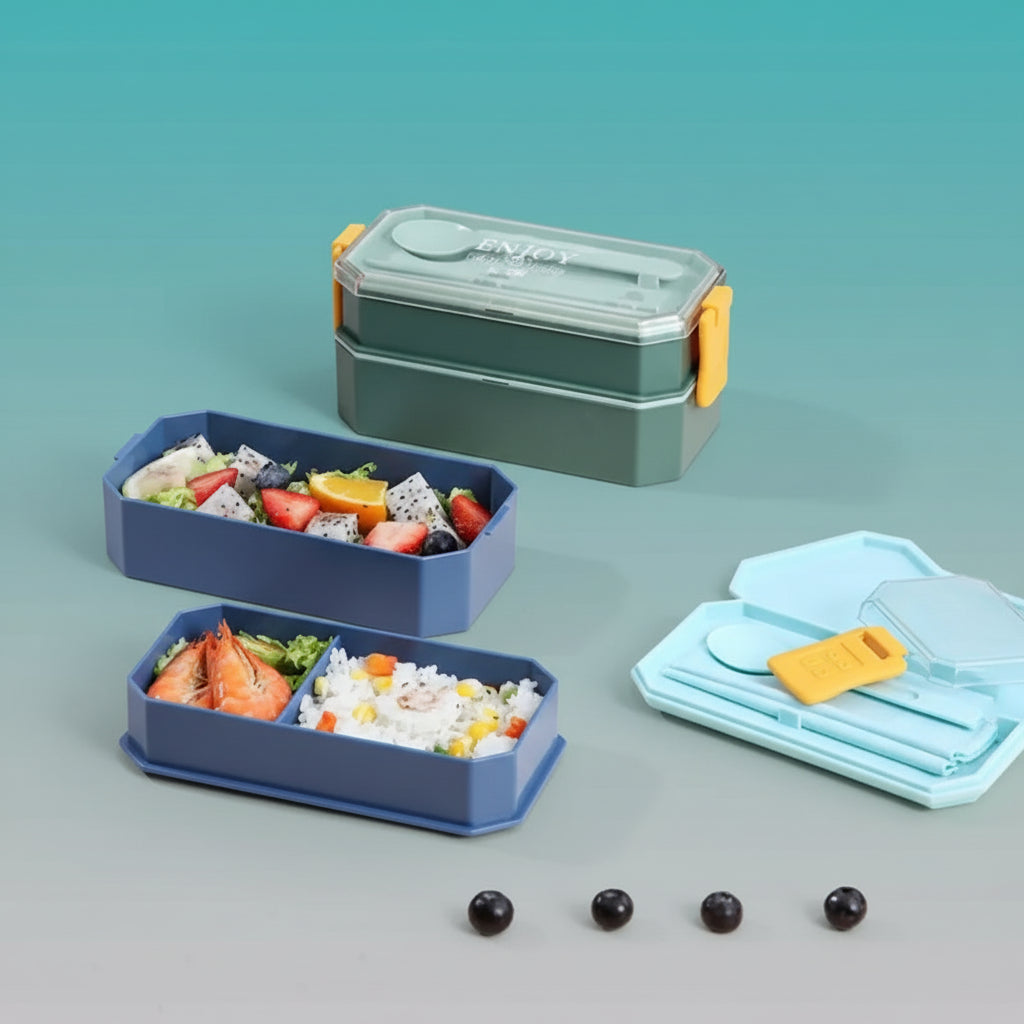 Double Decker Monochrome 2 Layer Lunch Box With Cutlery BPA Free Plastic (IQIX) by Gifthubmart