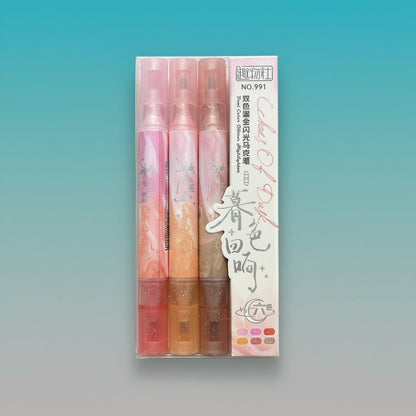 Dual Tip 3 Glitter Highlighter set by Gift Hub Mart - four pastel makeup highlighters in pink, peach, beige and brown.