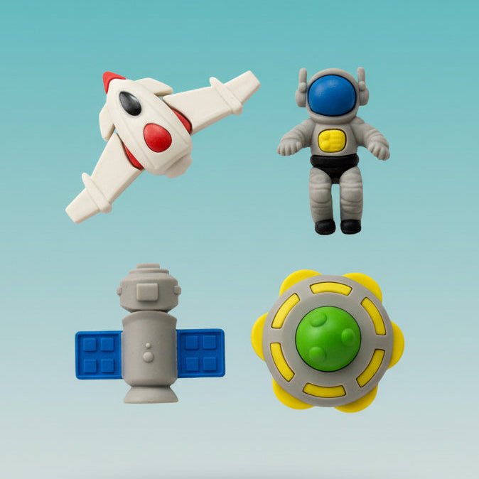 Gifthubmart Fancy Eraser Space: four space-themed standard erasers (rocket, astronaut, satellite, planet) in bright colors