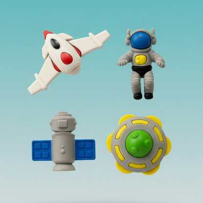 Gifthubmart Fancy Eraser Space: four space-themed standard erasers (rocket, astronaut, satellite, planet) in bright colors