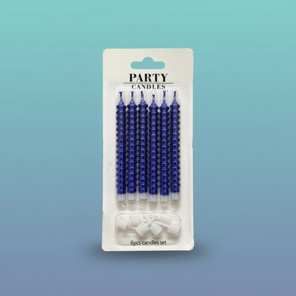 Gift Hub Mart Fancy Metallic Candle 6pc set - blue metallic ribbed taper candles in blister pack
