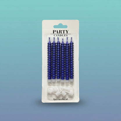 Gift Hub Mart Fancy Metallic Candle 6pc set - blue metallic ribbed taper candles in blister pack