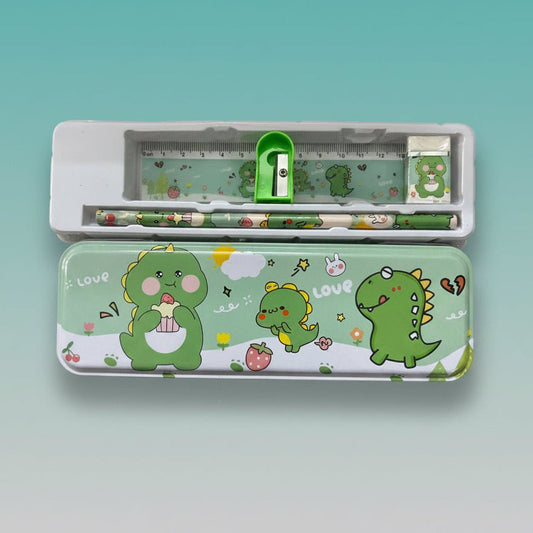 Fancy Stationery Set - GBT9407 by Gift Hub Mart in a green dinosaur-themed tin with ruler and pencils