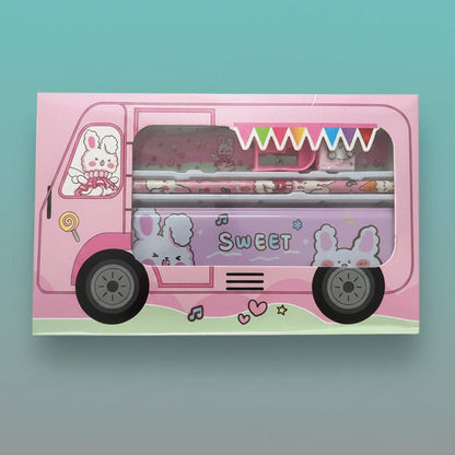 Fancy Stationery Set GBT9407 by Gift Hub Mart, pink themed pencils and cute van packaging