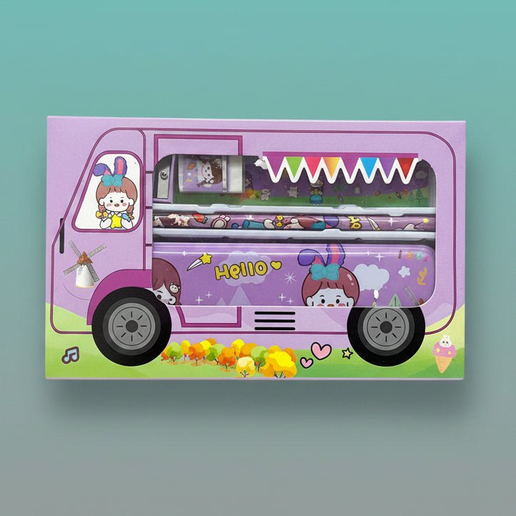 Fancy Stationery Set GBT9407 by Gift Hub Mart in purple with cartoon van design.