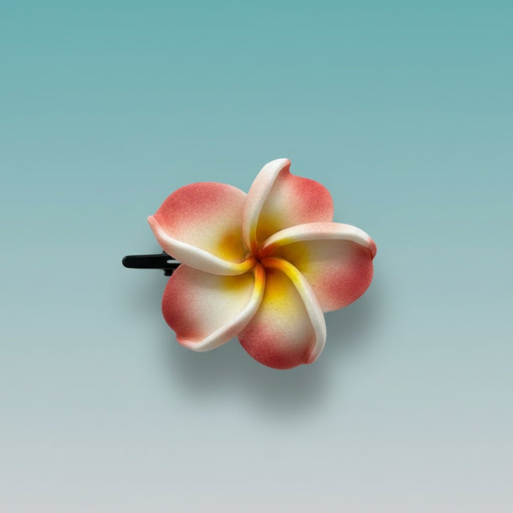 Bali-inspired frangipani flower hair clip with tropical floral design, perfect for beach vacations, weddings, parties, and everyday hairstyles.