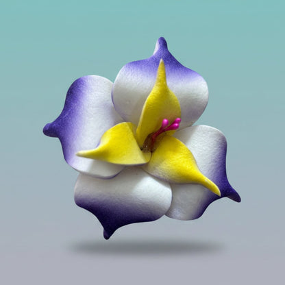Purple, white, and yellow 3D fabric flower rubberband hair tie.