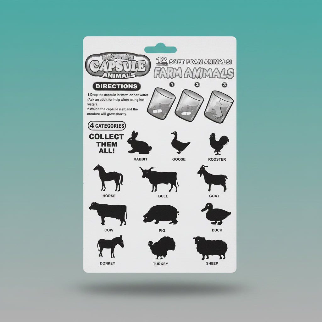 Foam Capsule Creatures Grow In Water set by Gift Hub Mart – 12 soft foam farm animals