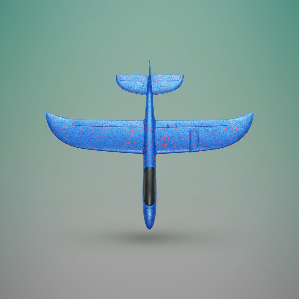 Foam Plane by Gift Hub Mart - blue foam glider with orange speckles in packaging