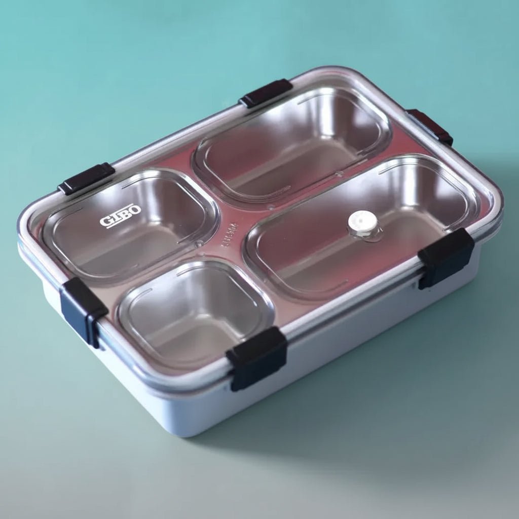Gibo 4 Compartment Steel Lunch Box - leakproof with Spoon & Fork by Gifthubmart