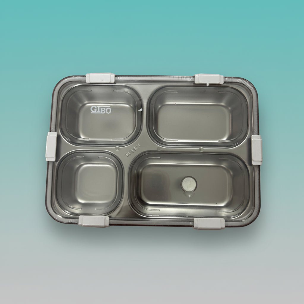 Gibo 4 Compartment Steel Lunch Box - leakproof with Spoon & Fork by Gifthubmart