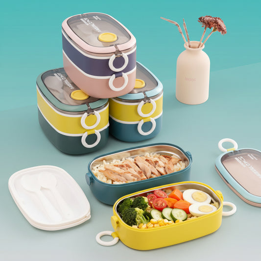GIBO Stainless Steel 2 Layer Bento Lunch Box 1.3L with Cutlery by Gifthubmart