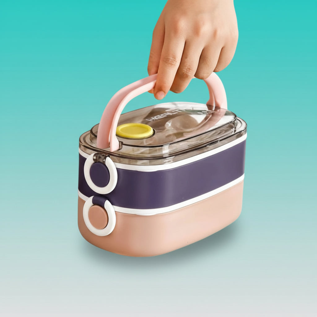 GIBO Stainless Steel 2 Layer Bento Lunch Box 1.3L with Cutlery by Gifthubmart