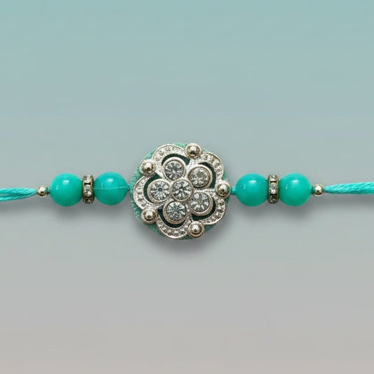Gifthubmart Green Stone Rakhi 2 with turquoise beads and ornate silver centerpiece