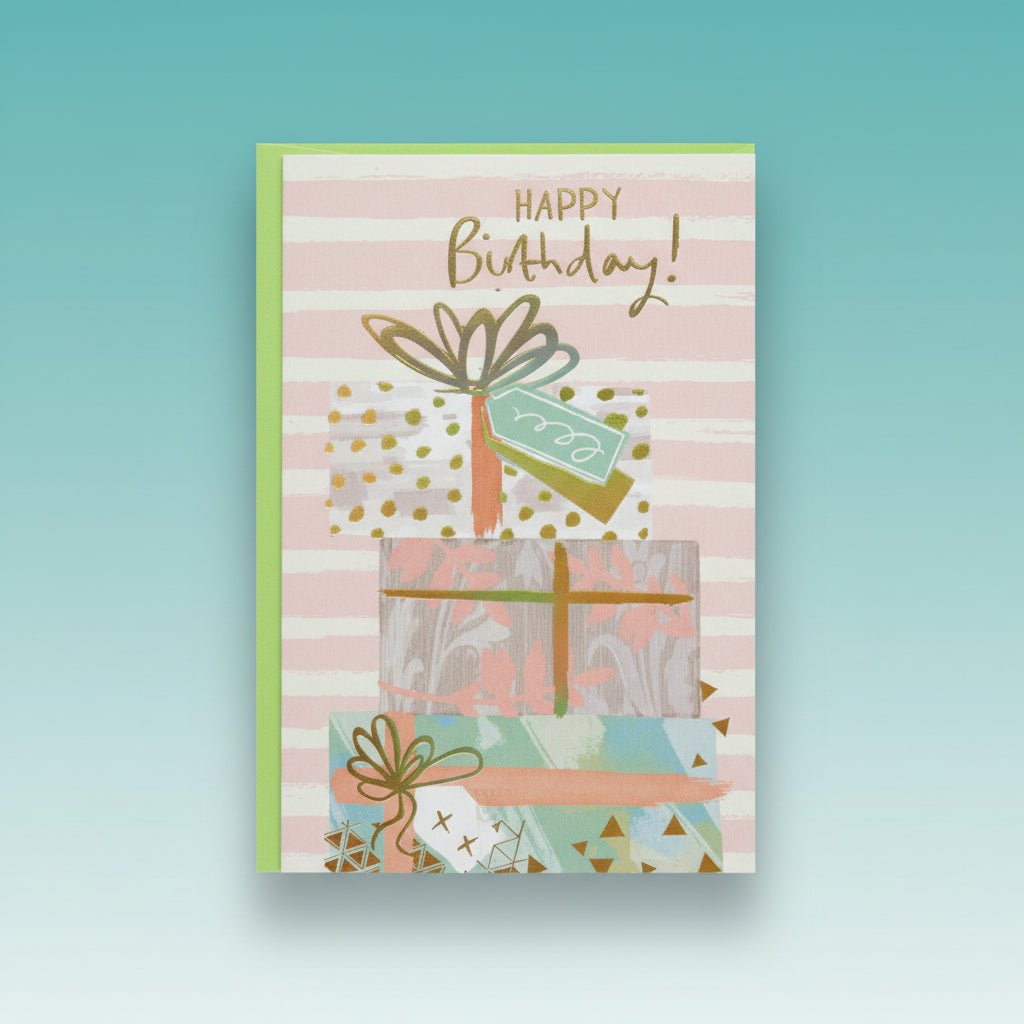 Gift Hub Mart Greeting Cards set with pastel pink striped cover and gold foil Happy Birthday motif