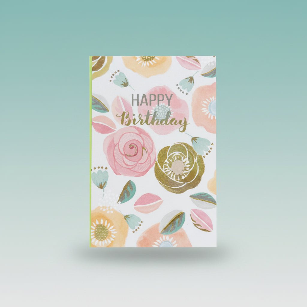 Gift Hub Mart greeting card with pastel floral pattern and 'Happy Birthday' text, neon lime border.