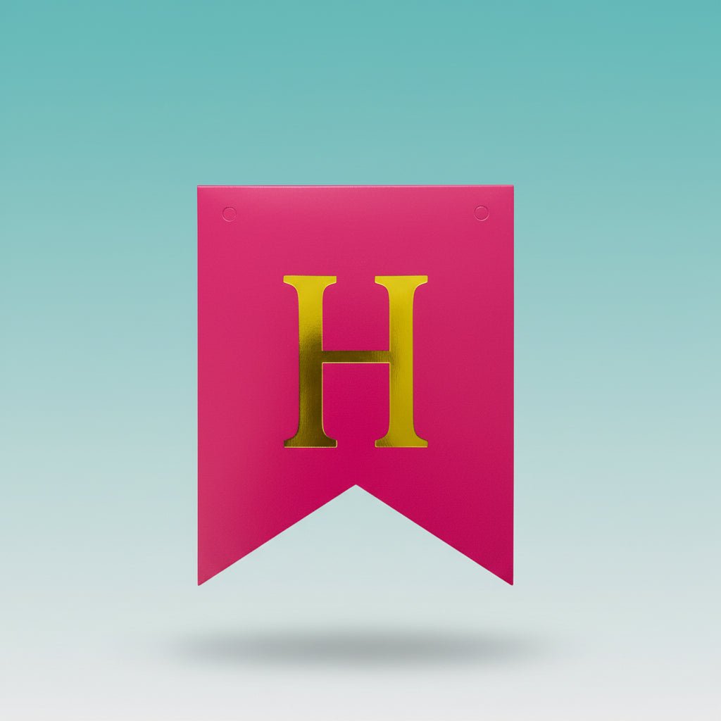 Gift Hub Mart Happy Birthday Banner - D Pink, pink party banner with gold H in sealed packaging