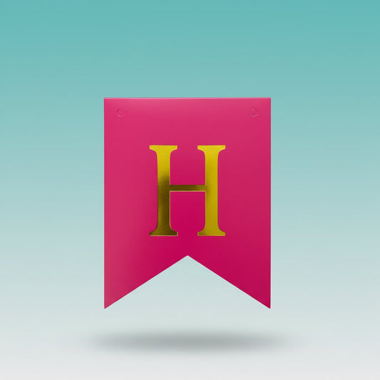 Gift Hub Mart Happy Birthday Banner - D Pink, pink party banner with gold H in sealed packaging