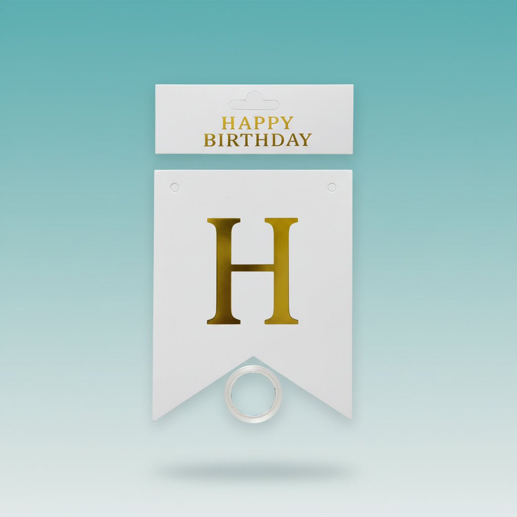 Happy Birthday Banner - White with gold lettering, Gift Hub Mart