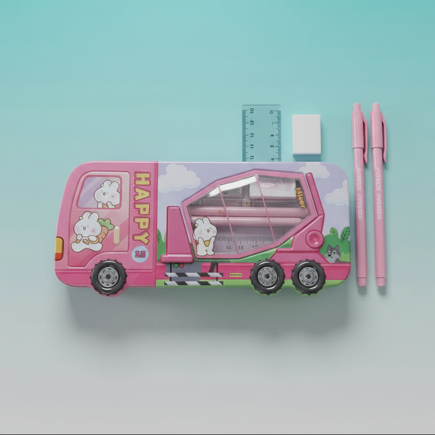 Happy Mixer Truck Metal Pencil Box With Stationery by Gift Hub Mart