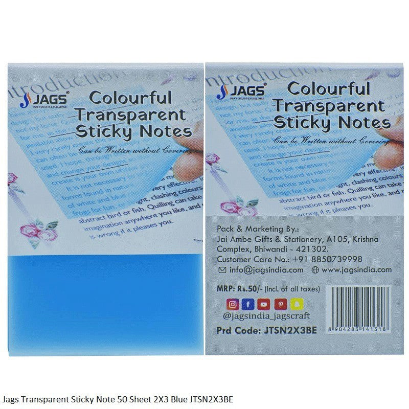 Jags Transparent Sticky Note 50 Sheet 2X3 Blue