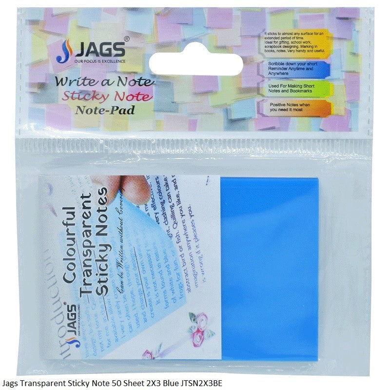 Jags Transparent Sticky Note 50 Sheet 2X3 Blue