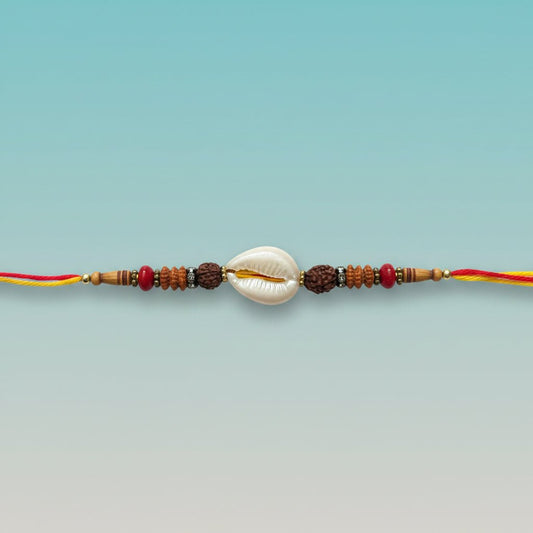 Gifthubmart Kaudi Rudraksh Rakhi 15A with beaded Rudraksha on red-yellow cord