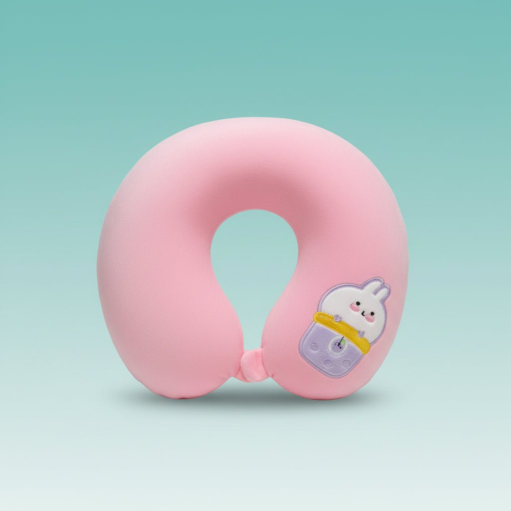 Kids pink neck pillow with eye mask by Gift Hub Mart, plush U-shaped cushion with bunny patch