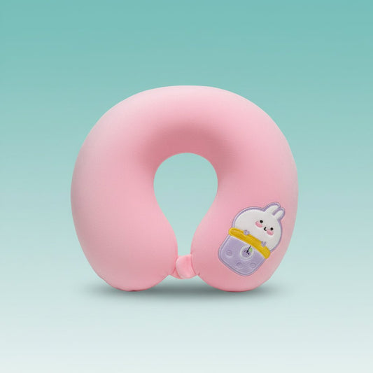 Kids pink neck pillow with eye mask by Gift Hub Mart, plush U-shaped cushion with bunny patch