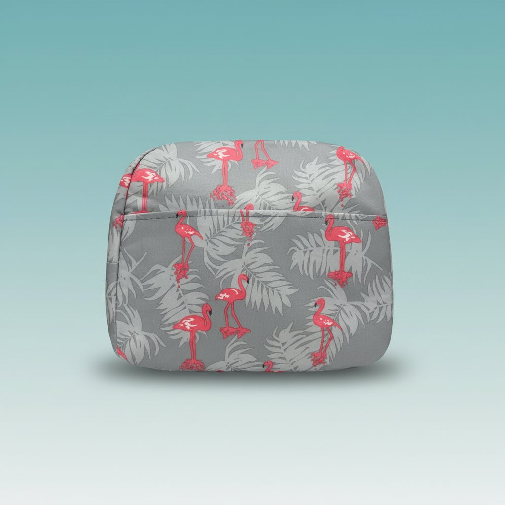 Gift Hub Mart Lunch Bag GBT51064, gray with pink flamingos and tropical leaves.
