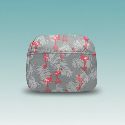 Gift Hub Mart Lunch Bag GBT51064, gray with pink flamingos and tropical leaves.