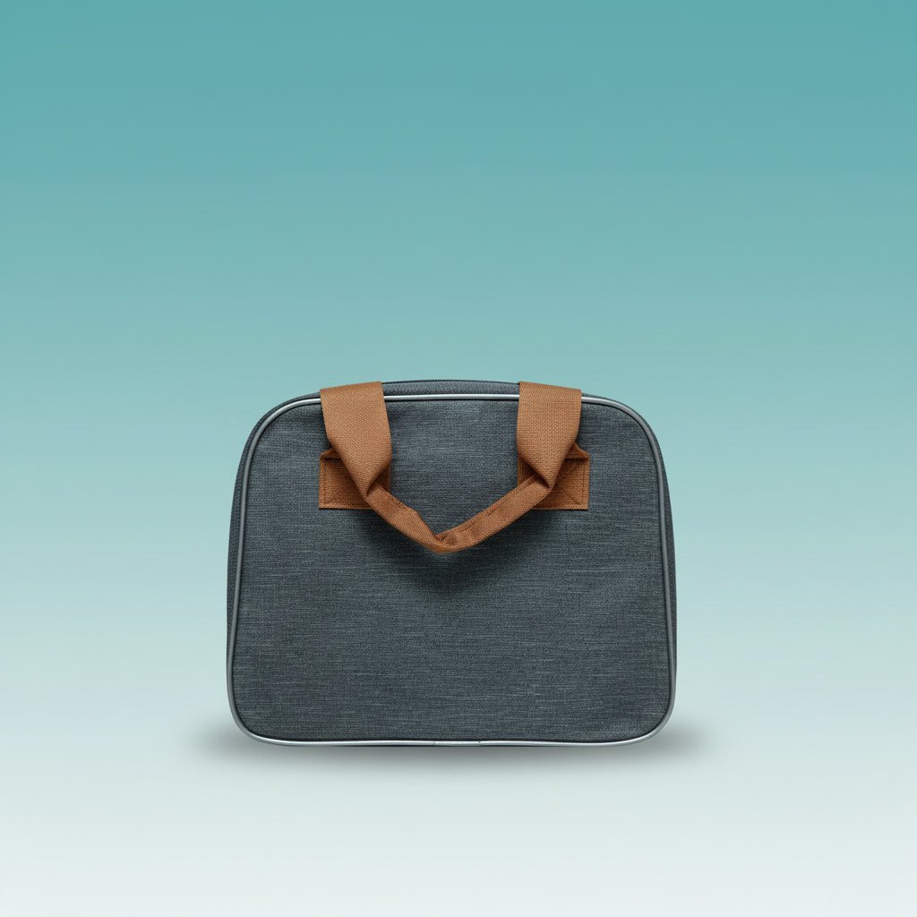 Lunch Bag GBT51068 by Gift Hub Mart, grey fabric with brown handles