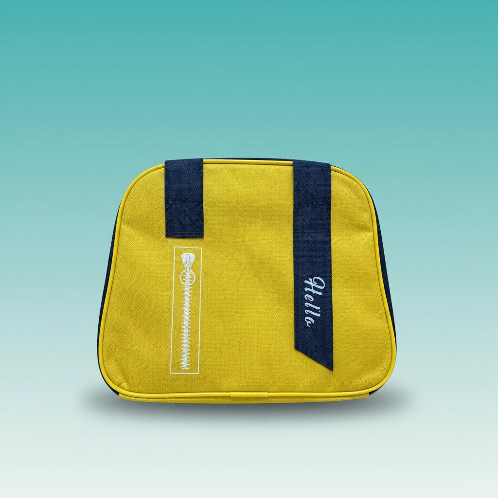Lunch Bag GBT51068 by Gift Hub Mart, yellow body with navy blue straps and zipper, in plastic wrap.