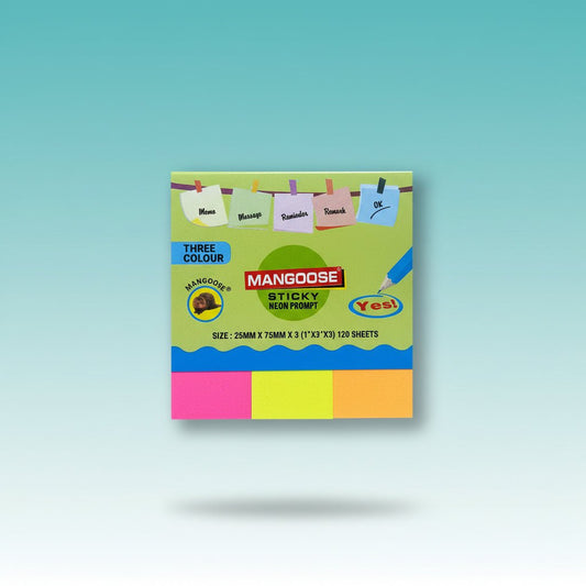Mangoose 3 Colour sticky notes by Gift Hub Mart in neon pink/yellow/orange, 25x75mm, 120 sheets.